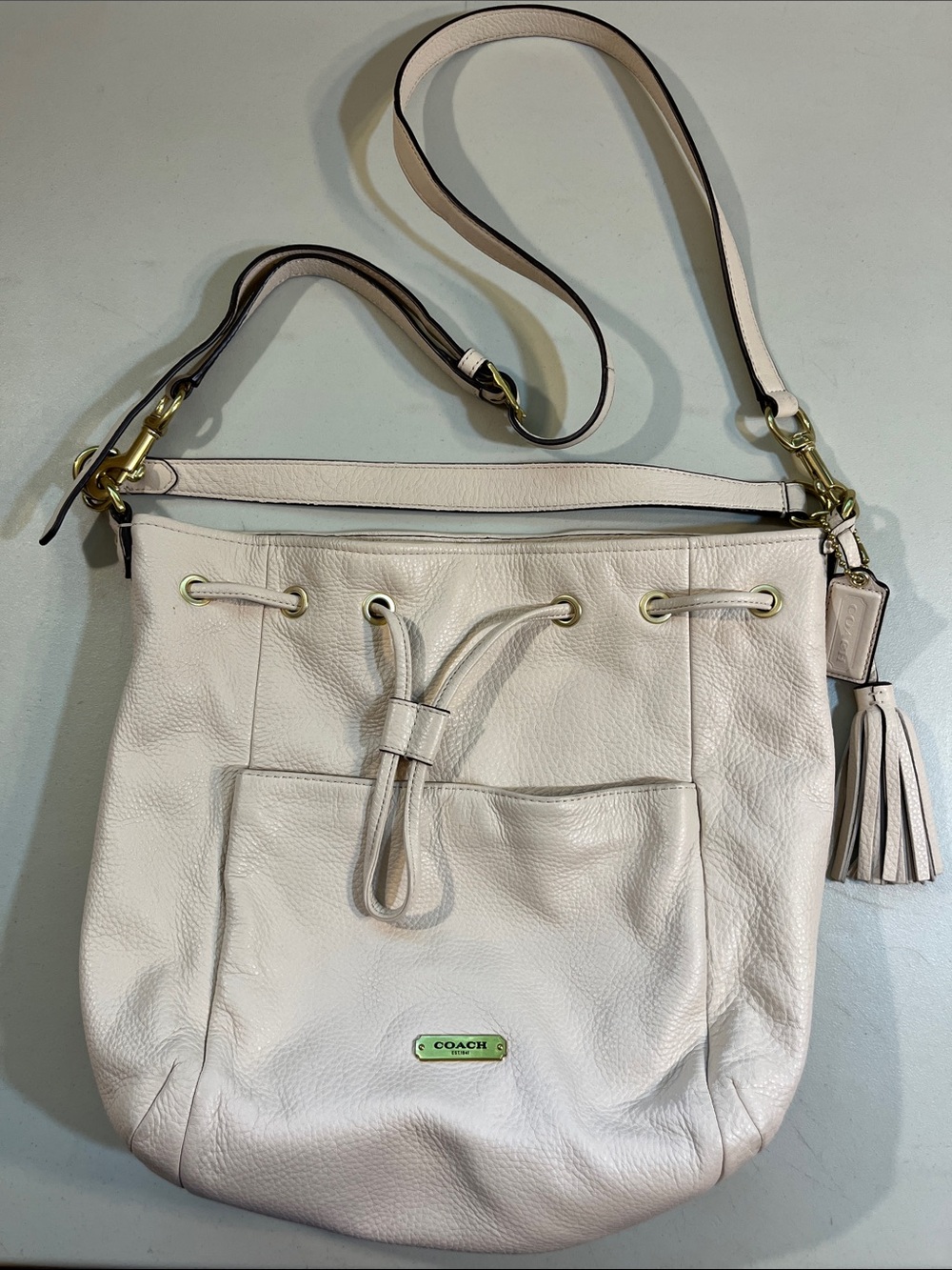 Coach Cream Leather Drawstring Shoulder Bag with Tassel